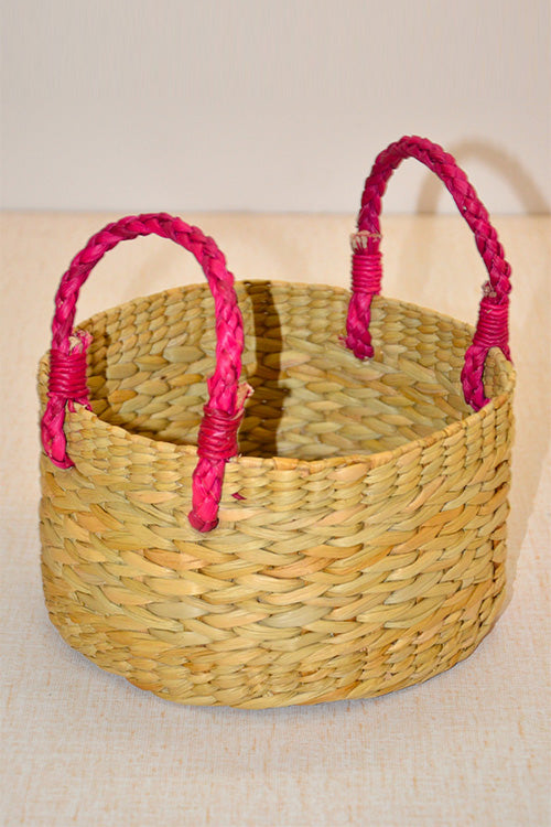 Kauna Round Basket Medium (Natural with Fuchsia Handles)