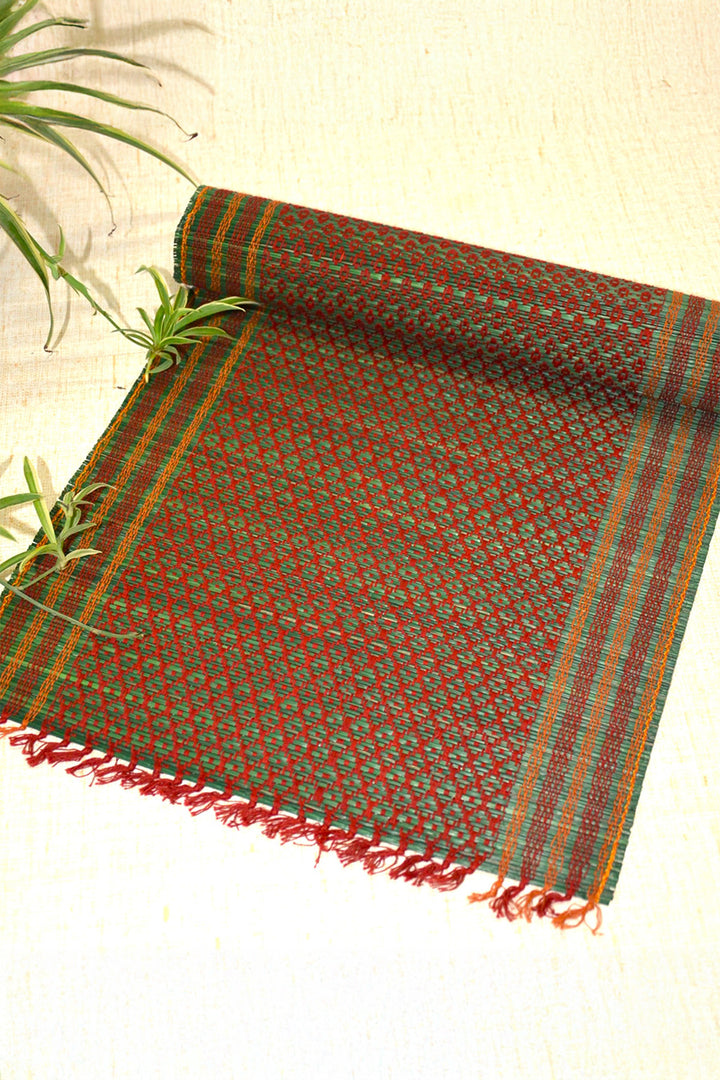 Madurkathi Tassels Table Runner Green Maroon