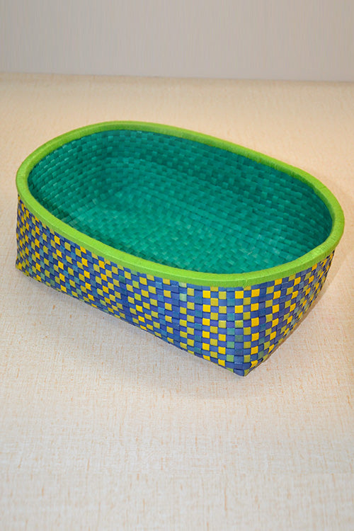 Palm Leaf Oval Storage & Utility Basket Large Green Blue Mustard
