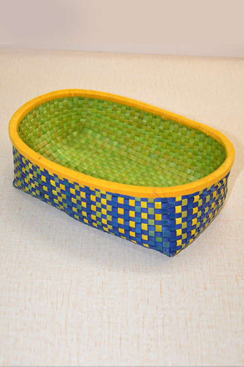 Palm Leaf Oval Storage & Utility Basket Small (Green Blue Mustard)