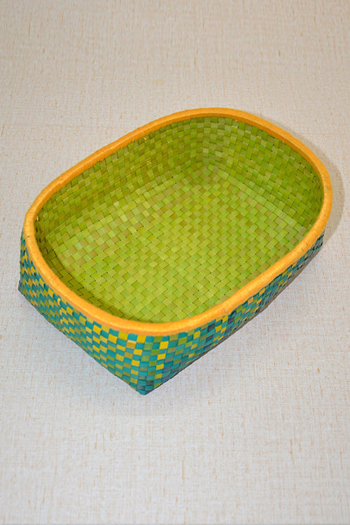 Palm Leaf Oval Storage & Utility Basket Small (Green Blue Mustard)