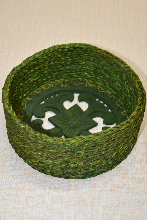 Sabai Grass & Wood Round Basket Green