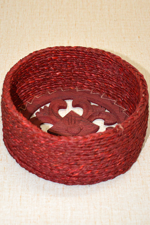Sabai Grass & Wood Round Basket Red