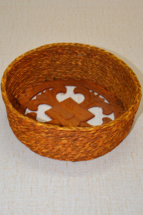 Sabai Grass & Wood Round Basket Mustard