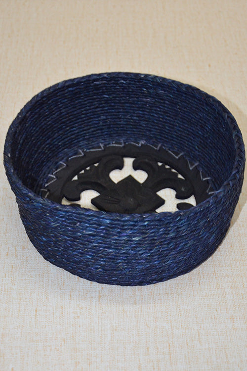 Sabai Grass & Wood Round Basket Blue
