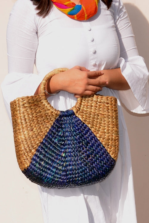 Water Hyacinth Designer Basket Bag Indigo Natural