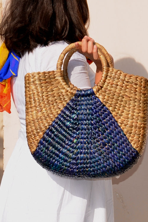 Water Hyacinth Designer Basket Bag Indigo Natural