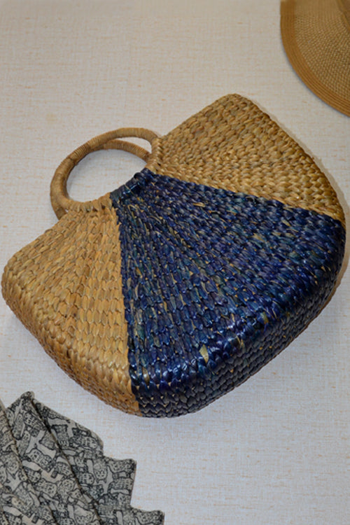 Water Hyacinth Designer Basket Bag Indigo Natural