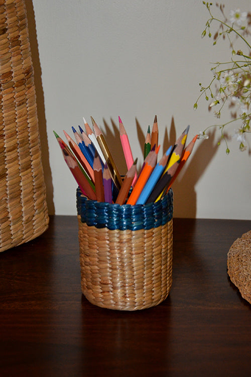 Water Hyacinth Pen & Cutlery Holder Blue Natural