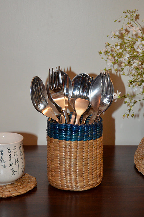 Water Hyacinth Pen & Cutlery Holder Blue Natural