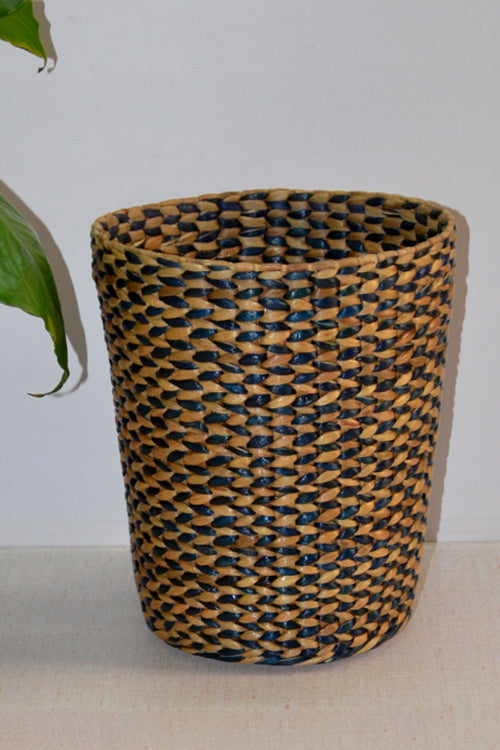 Water Hyacinth Waste Paper Basket Bin Blue Natural