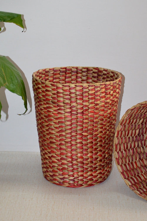 Water Hyacinth Waste Paper Basket Bin Red Natural