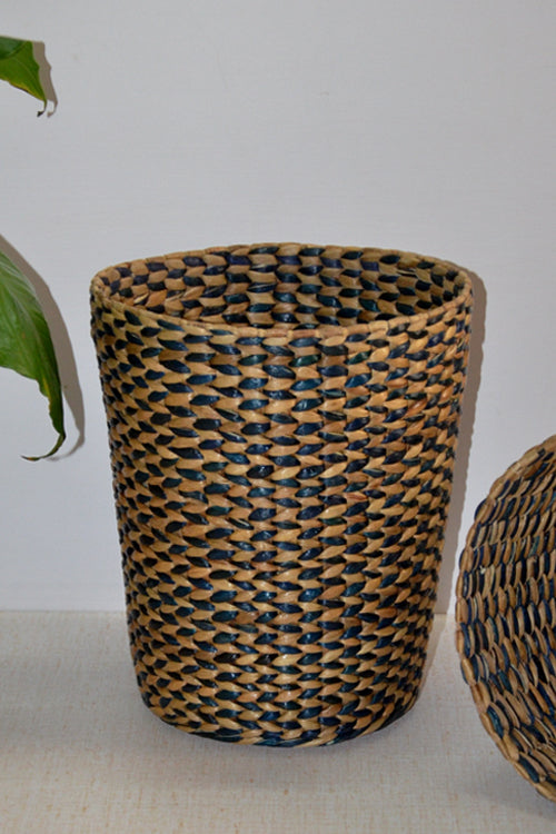 Water Hyacinth Waste Paper Basket Bin Blue Natural