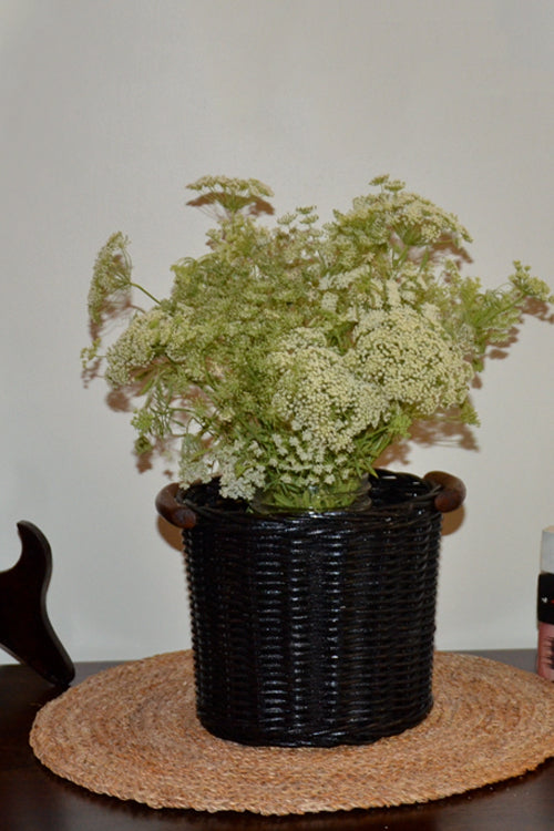 Rattan Round Planter & Cutlery Holder (Charcoal)
