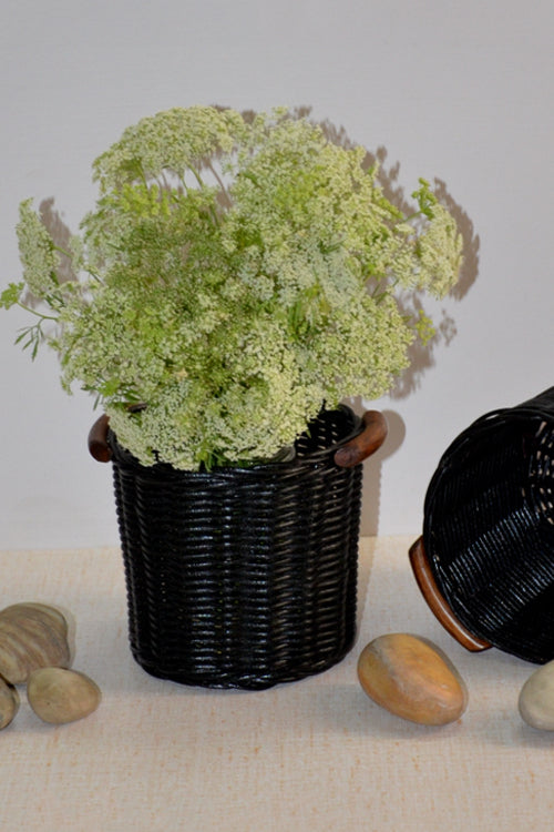 Rattan Round Planter & Cutlery Holder (Charcoal)