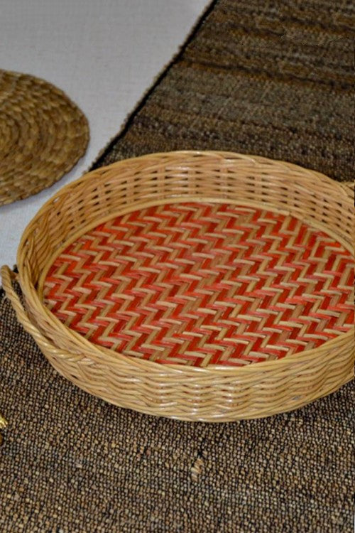 Rattan & Sitalpati Round Tray (Natural Red)