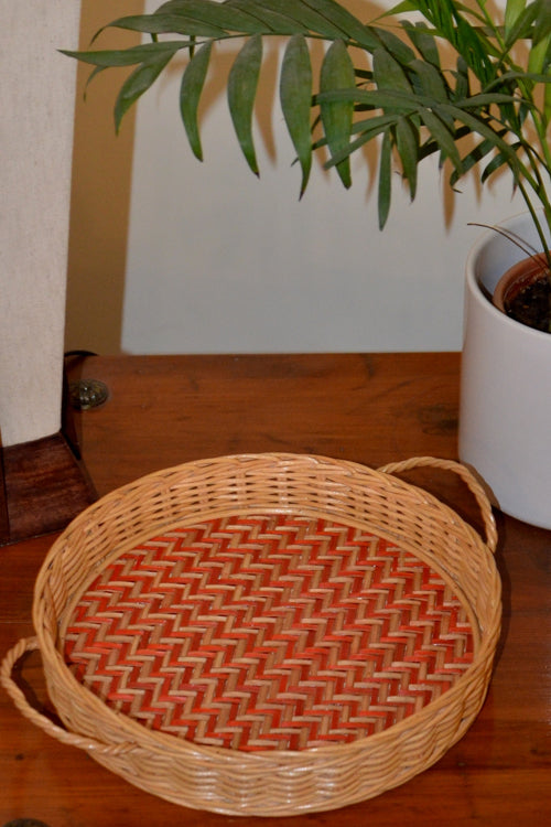 Rattan & Sitalpati Round Tray (Natural Red)