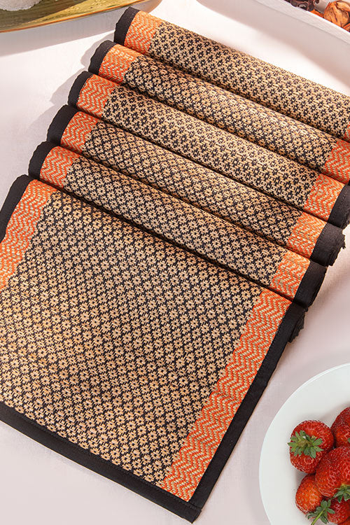 Madurkathi Diamond Placemats Black Orange (Set of 6)