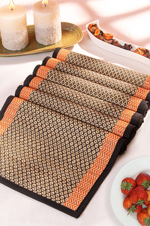Madurkathi Diamond Placemats Black Orange (Set of 6)