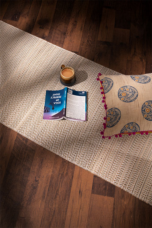 Madurkathi Chevron Tassels Floor Runner Ivory (2ft x 6ft)