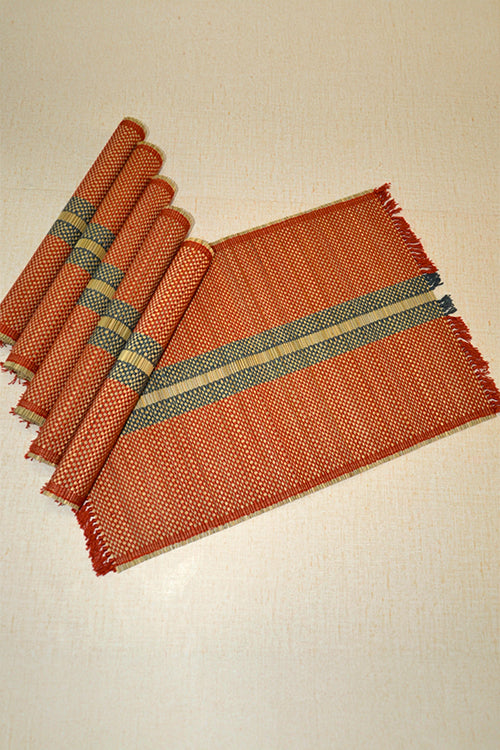 Madurkathi Striped Tassels Placemats Rust Grey (Set of 6)