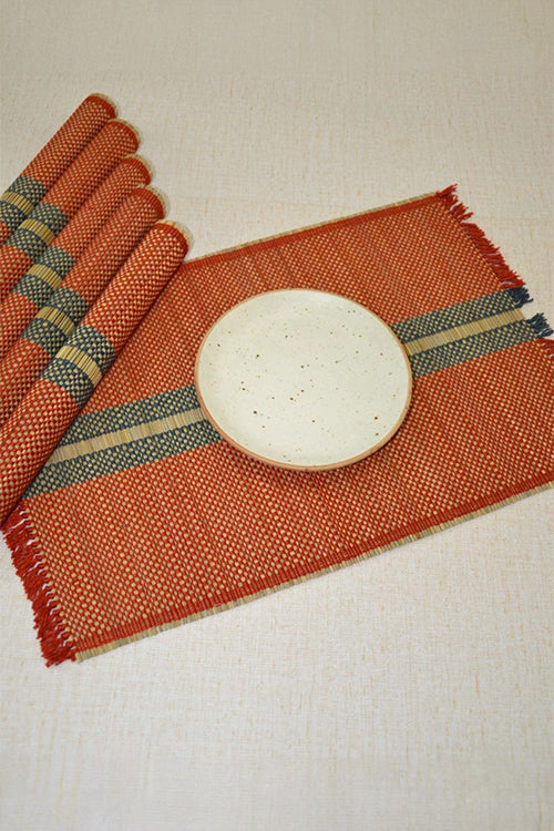 Madurkathi Striped Tassels Placemats Rust Grey (Set of 6)