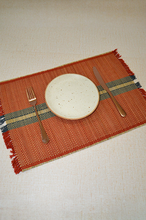 Madurkathi Striped Tassels Placemats Rust Grey (Set of 6)