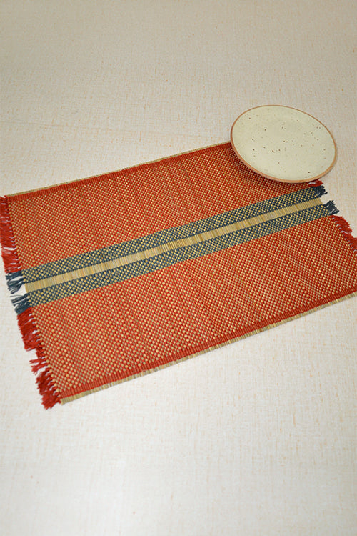 Madurkathi Striped Tassels Placemats Rust Grey (Set of 6)