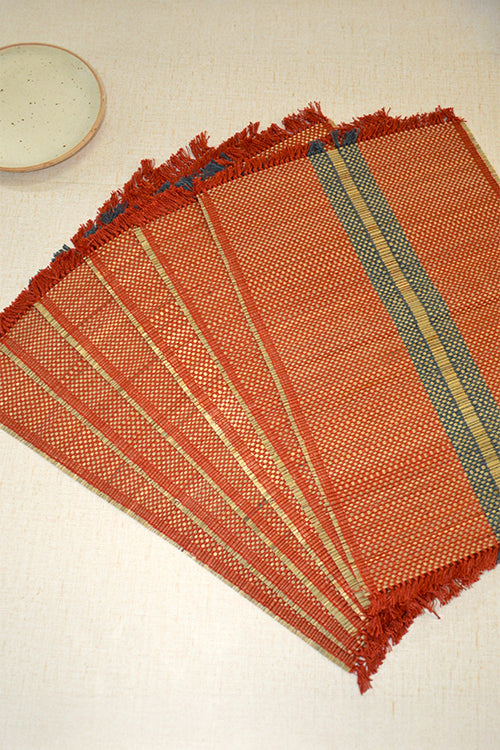 Madurkathi Striped Tassels Placemats Rust Grey (Set of 6)