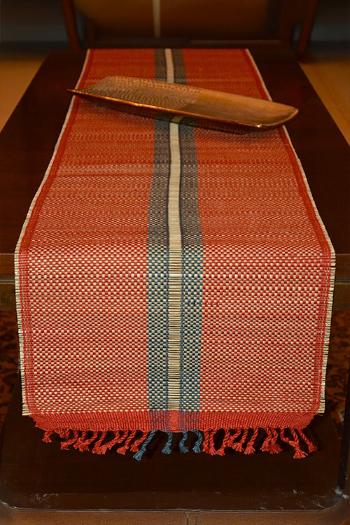 Madurkathi Striped Tassels Table Runner Large Rust Grey
