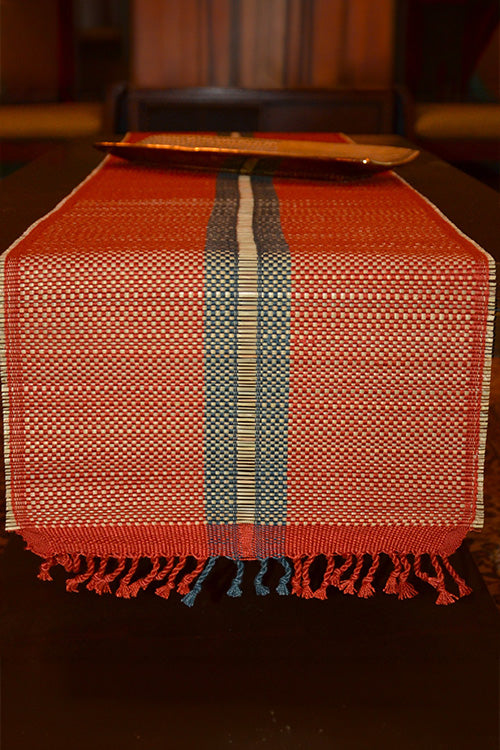 Madurkathi Striped Tassels Table Runner Large Rust Grey