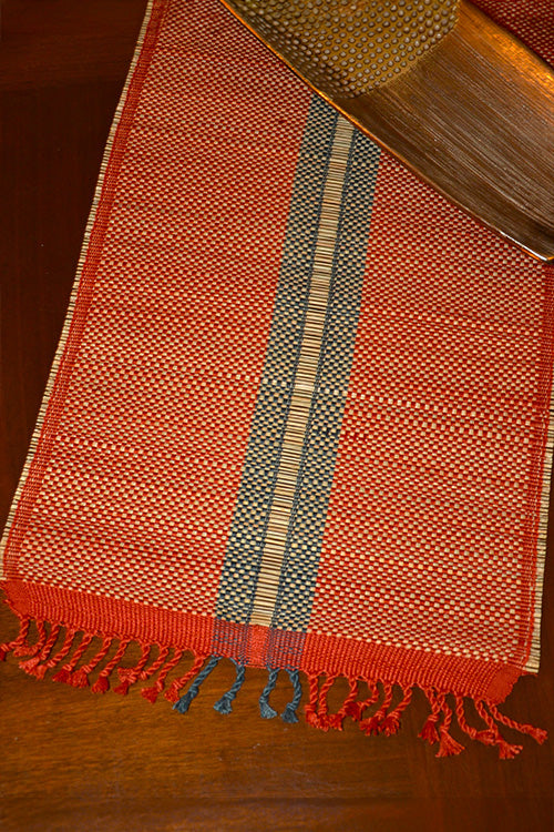 Madurkathi Striped Tassels Table Runner Large Rust Grey