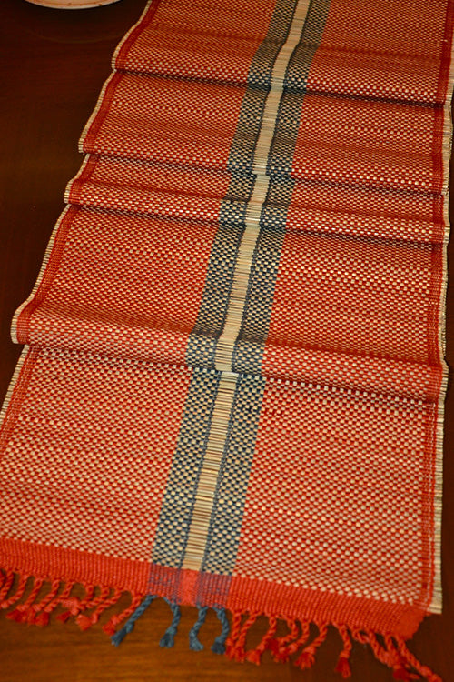 Madurkathi Striped Tassels Table Runner Large Rust Grey