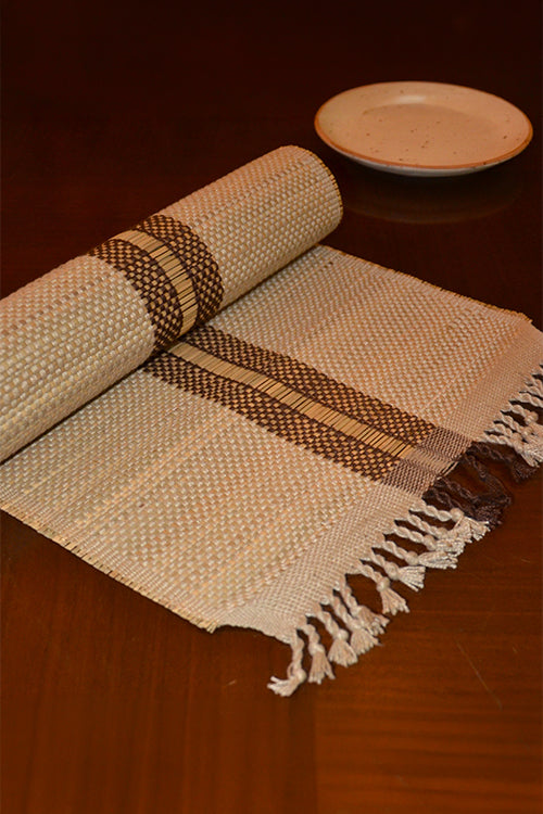 Madurkathi Striped Tassels Table Runner Large Beige Brown