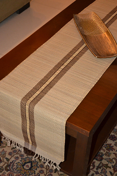 Madurkathi Striped Tassels Table Runner Large Beige Brown