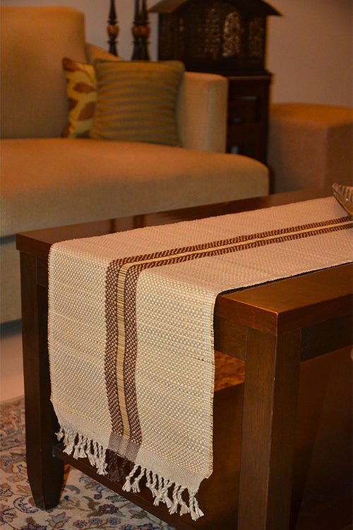 Madurkathi Striped Tassels Table Runner Large Beige Brown