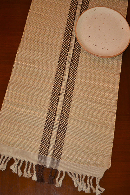 Madurkathi Striped Tassels Table Runner Large Beige Brown
