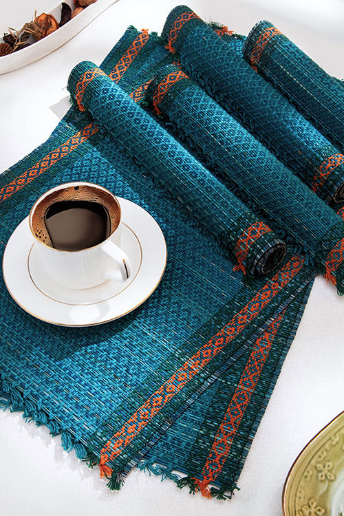 Madurkathi Tassels Placemats Teal Blue (Set of 6)