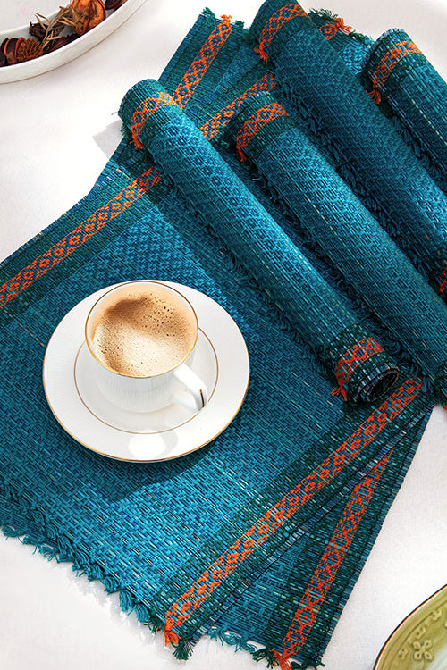 Madurkathi Tassels Placemats Teal Blue (Set of 6)