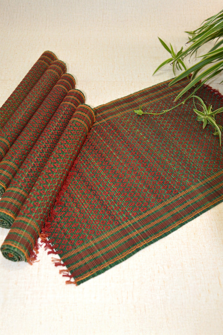 Madurkathi Tassels Placemats Green Maroon (Set of 6)