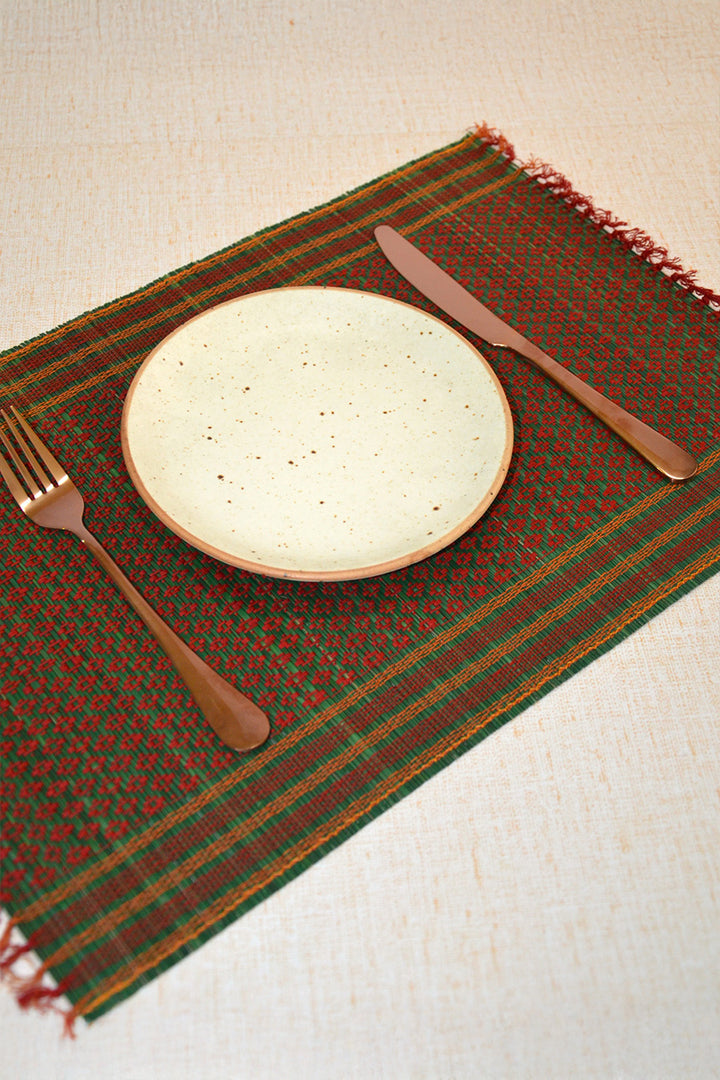 Madurkathi Tassels Placemats Green Maroon (Set of 6)