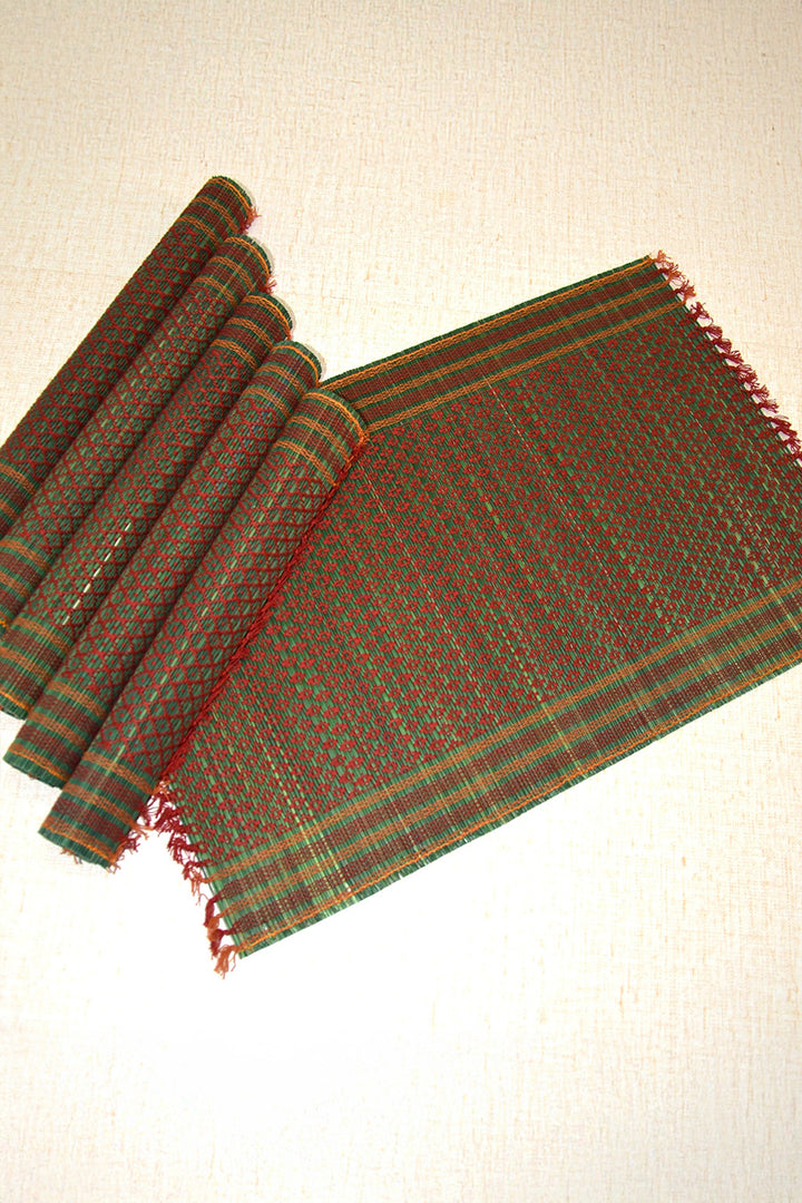 Madurkathi Tassels Placemats Green Maroon (Set of 6)
