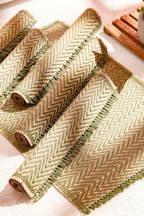 Madurkathi Tassels Chevron Placemats Sage Green (Set of 6)
