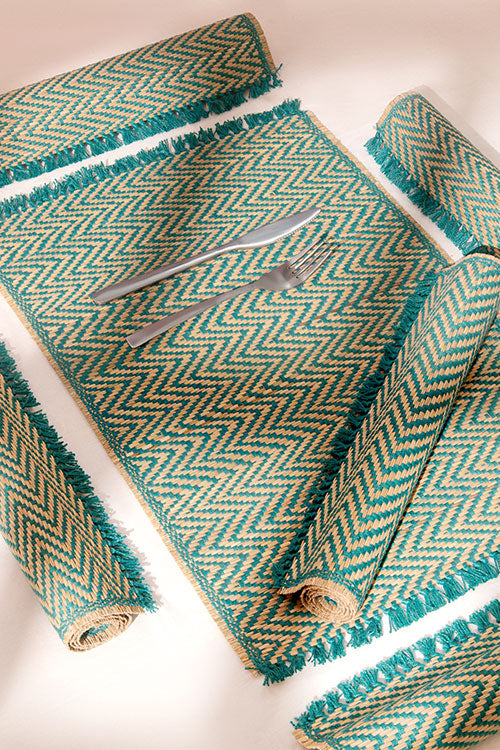 Madurkathi Tassels Chevron Placemats Teal (Set of 6)
