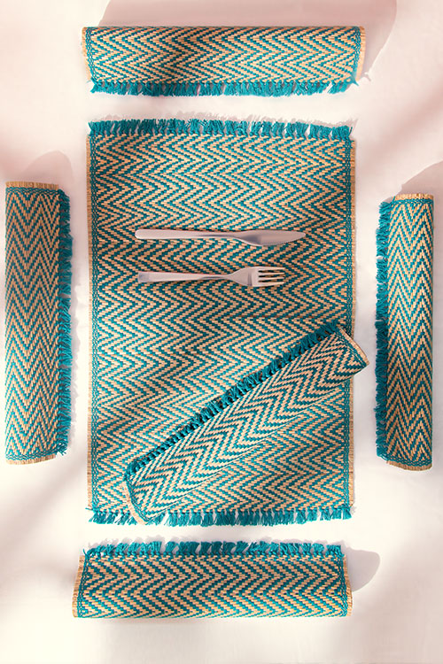Madurkathi Tassels Chevron Placemats Teal (Set of 6)