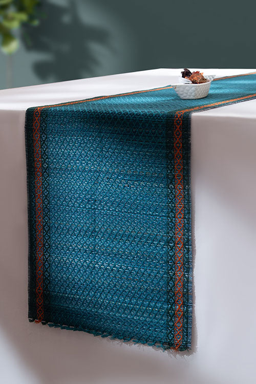 Madurkathi Tassels Table Runner Teal Blue