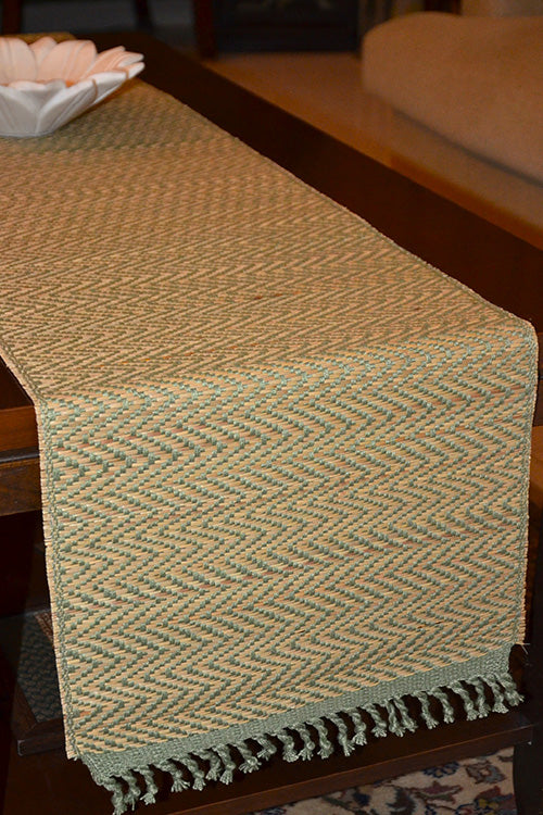 Madurkathi Chevron Tassels Table Runner Sage Green