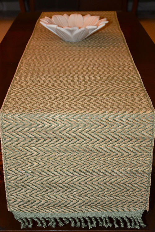 Madurkathi Chevron Tassels Table Runner Sage Green