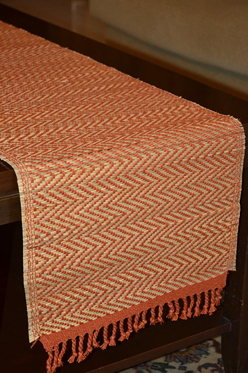 Madurkathi Tassels Chevron Table Runner Rust