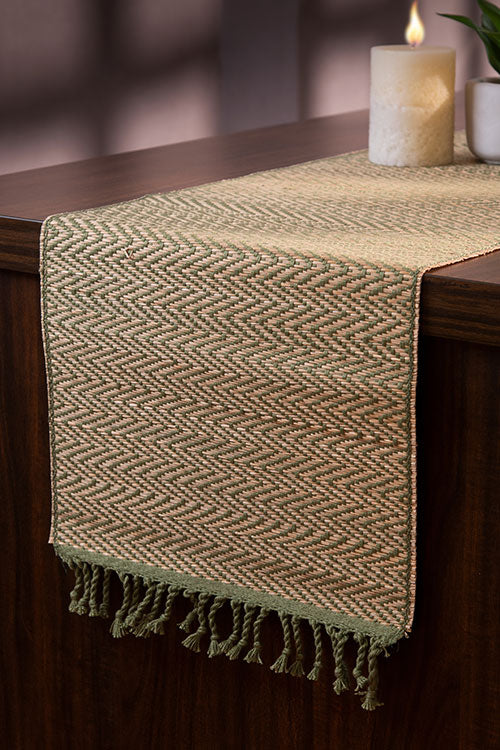 Madurkathi Chevron Tassels Table Runner Sage Green